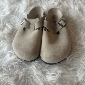 Birkenstock Beige Suede Buckle Loafers